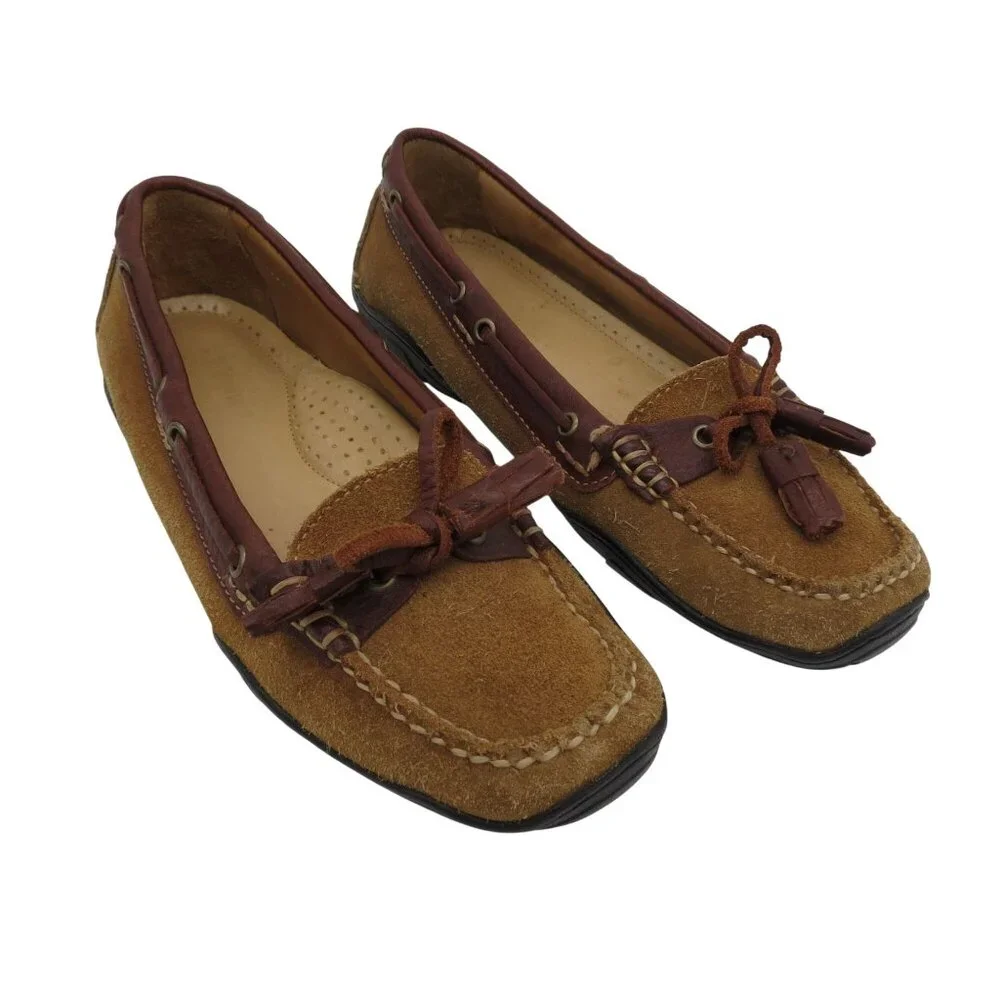 L.L. BEAN Women's Tan Suede Driving Loafers Size 7.5M Moccasins Tassels